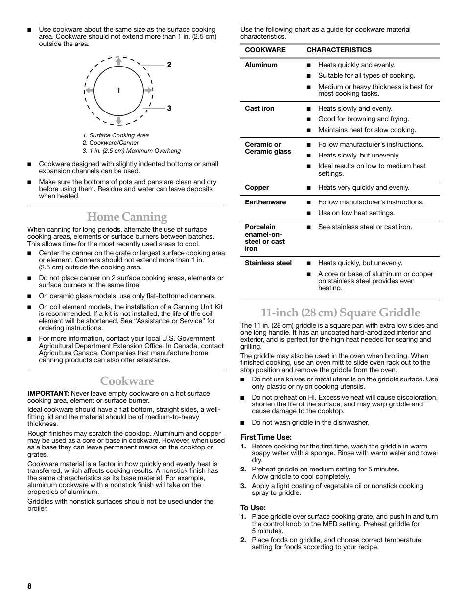 Home canning, Cookware, Inch (28 cm) square griddle | KITCHENAID YKGRC608 User Manual | Page 8 / 28