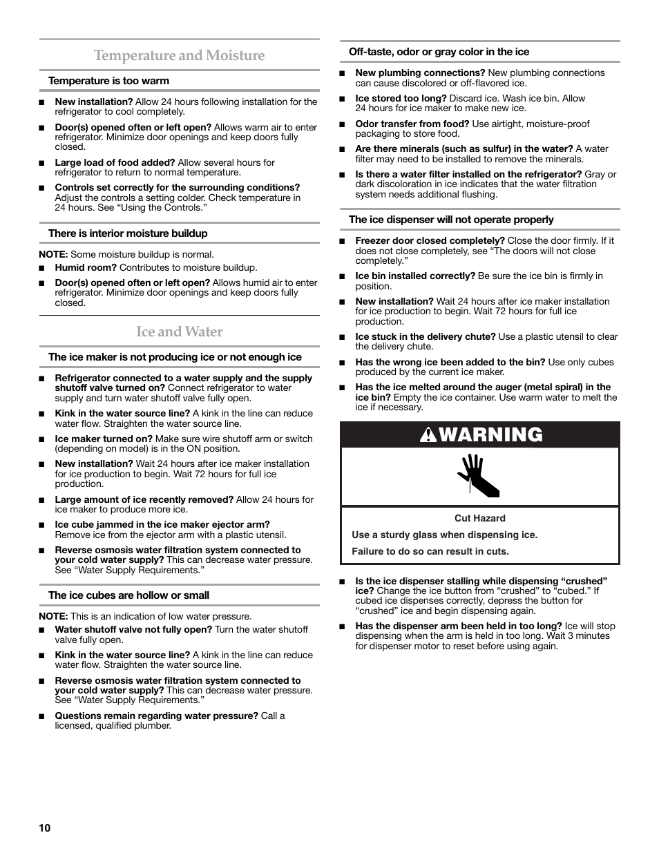 Warning, Temperature and moisture, Ice and water | KITCHENAID W10206410A User Manual | Page 10 / 46