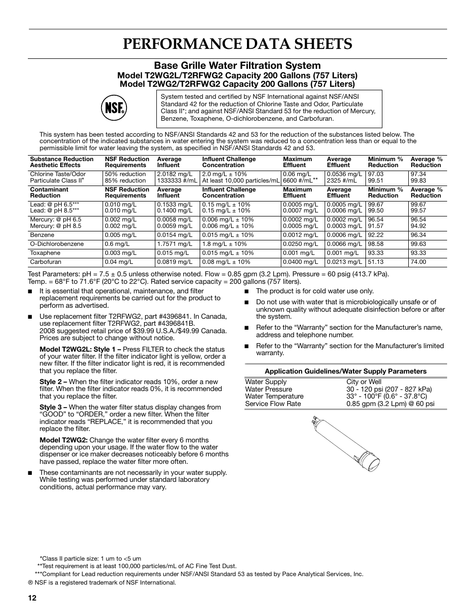 Performance data sheets, Base grille water filtration system | KITCHENAID W10206410A User Manual | Page 12 / 46