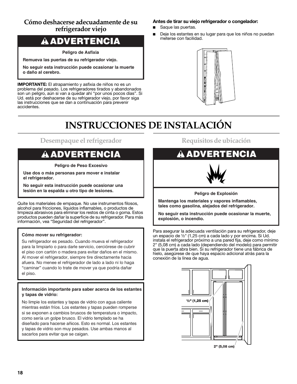 Instrucciones de instalación, Advertencia, Desempaque el refrigerador | Requisitos de ubicación | KITCHENAID W10206410A User Manual | Page 18 / 46