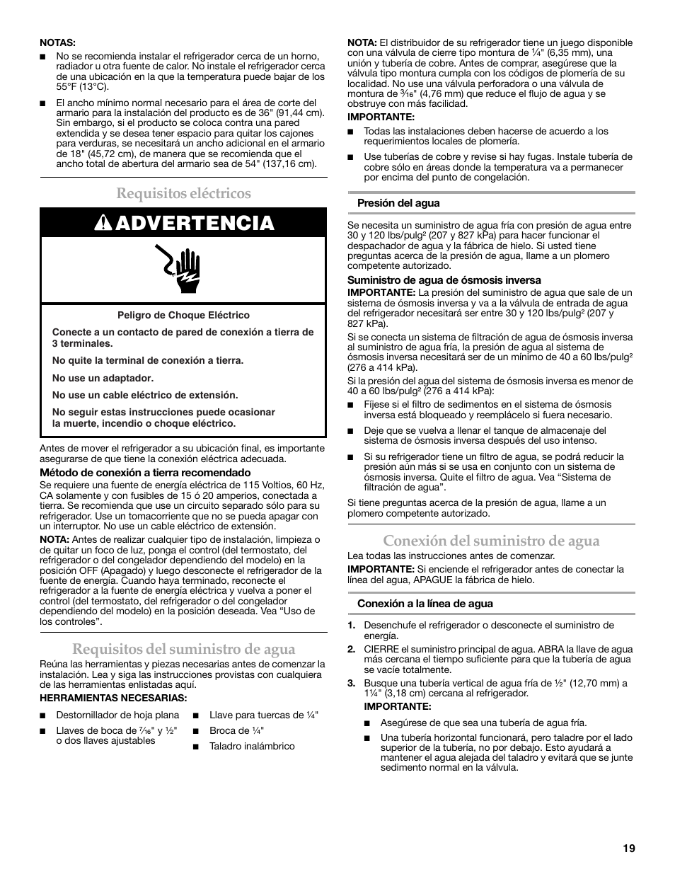 Advertencia, Requisitos eléctricos, Requisitos del suministro de agua | Conexión del suministro de agua | KITCHENAID W10206410A User Manual | Page 19 / 46