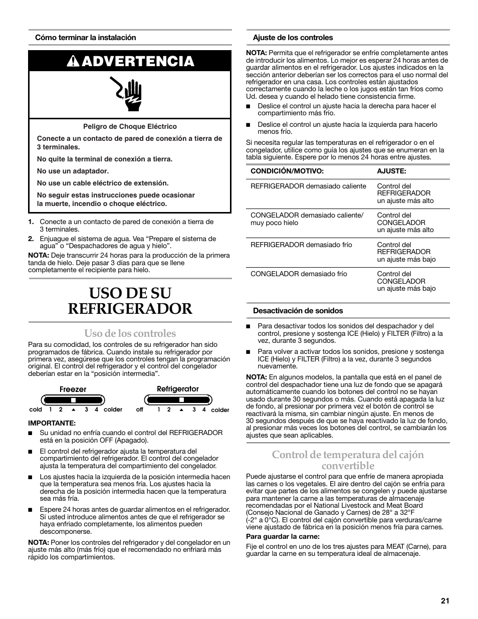 Uso de su refrigerador, Advertencia, Uso de los controles | Control de temperatura del cajón convertible | KITCHENAID W10206410A User Manual | Page 21 / 46