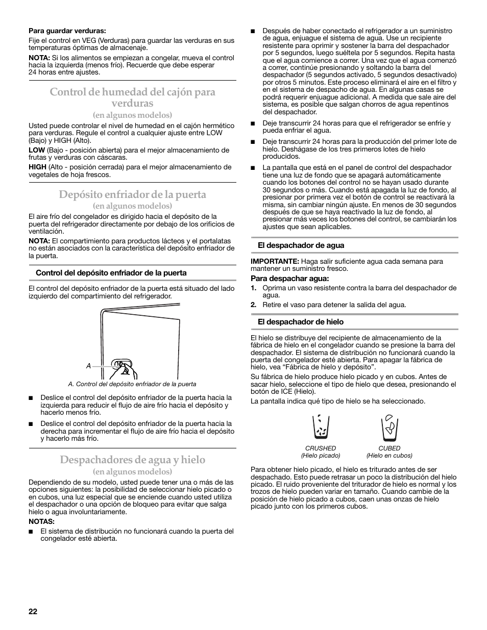 Control de humedad del cajón para verduras, Depósito enfriador de la puerta, Despachadores de agua y hielo | KITCHENAID W10206410A User Manual | Page 22 / 46