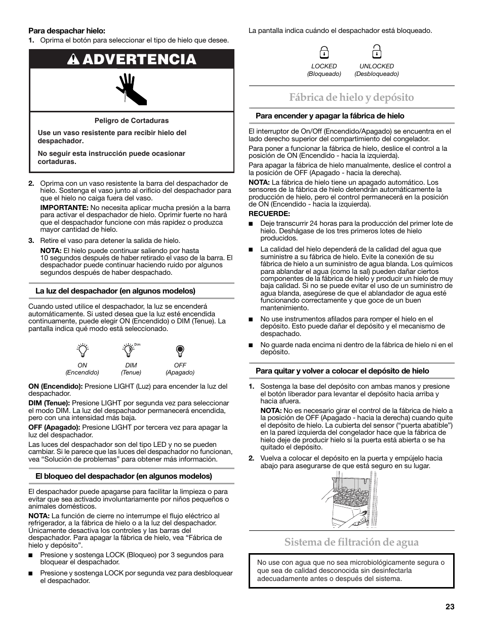 Advertencia, Fábrica de hielo y depósito, Sistema de filtración de agua | KITCHENAID W10206410A User Manual | Page 23 / 46