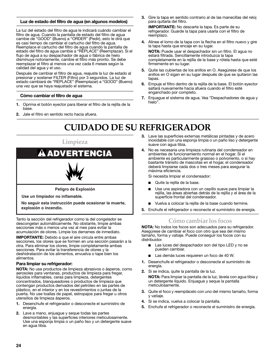 Cuidado de su refrigerador, Advertencia, Limpieza | Cómo cambiar los focos | KITCHENAID W10206410A User Manual | Page 24 / 46