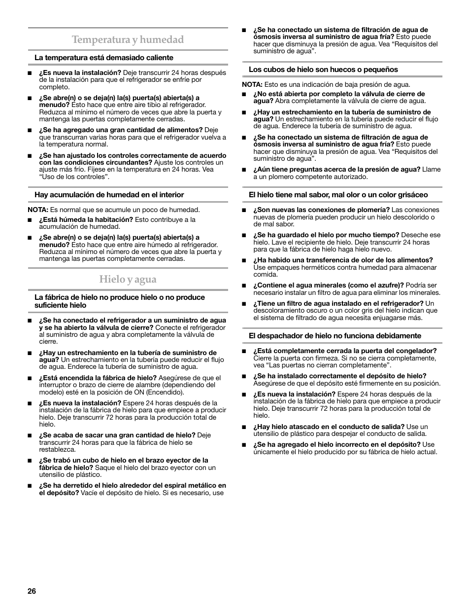 Temperatura y humedad, Hielo y agua | KITCHENAID W10206410A User Manual | Page 26 / 46