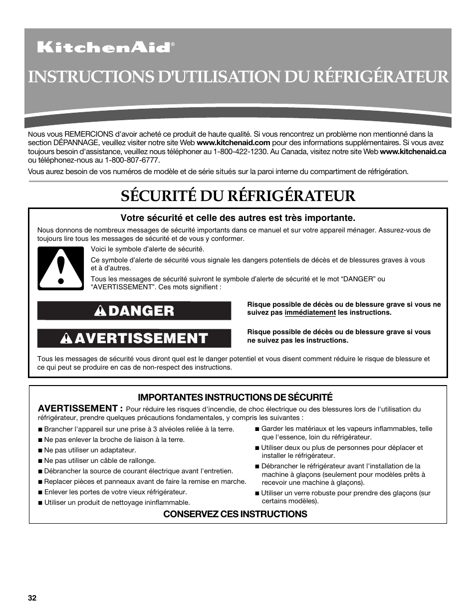 Instructions d'utilisation du réfrigérateur, Sécurité du réfrigérateur, Avertissement danger | KITCHENAID W10206410A User Manual | Page 32 / 46