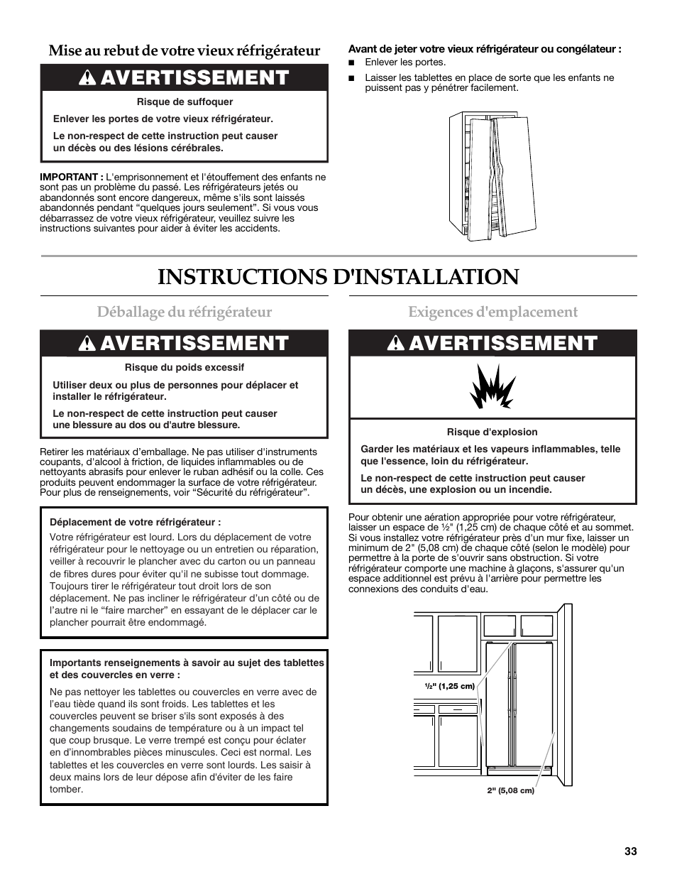 Instructions d'installation, Avertissement, Déballage du réfrigérateur | Exigences d'emplacement, Mise au rebut de votre vieux réfrigérateur | KITCHENAID W10206410A User Manual | Page 33 / 46