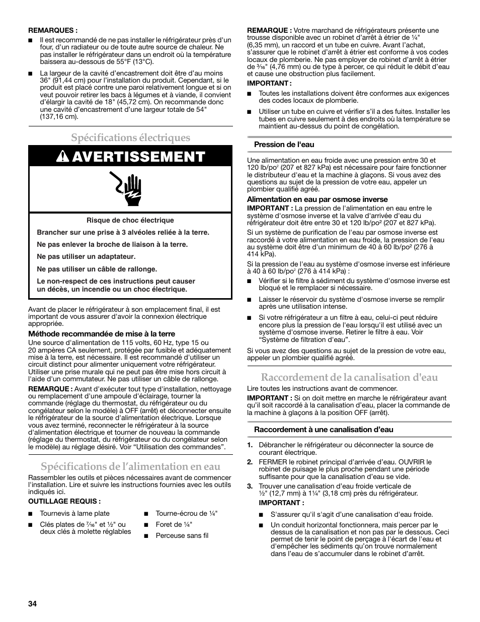 Avertissement, Spécifications électriques, Spécifications de l’alimentation en eau | Raccordement de la canalisation d'eau | KITCHENAID W10206410A User Manual | Page 34 / 46