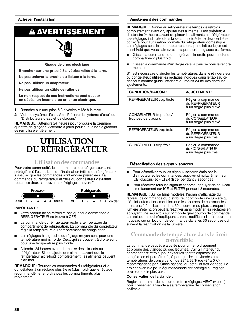 Utilisation du réfrigérateur, Avertissement, Utilisation des commandes | Commande de température dans le tiroir convertible | KITCHENAID W10206410A User Manual | Page 36 / 46