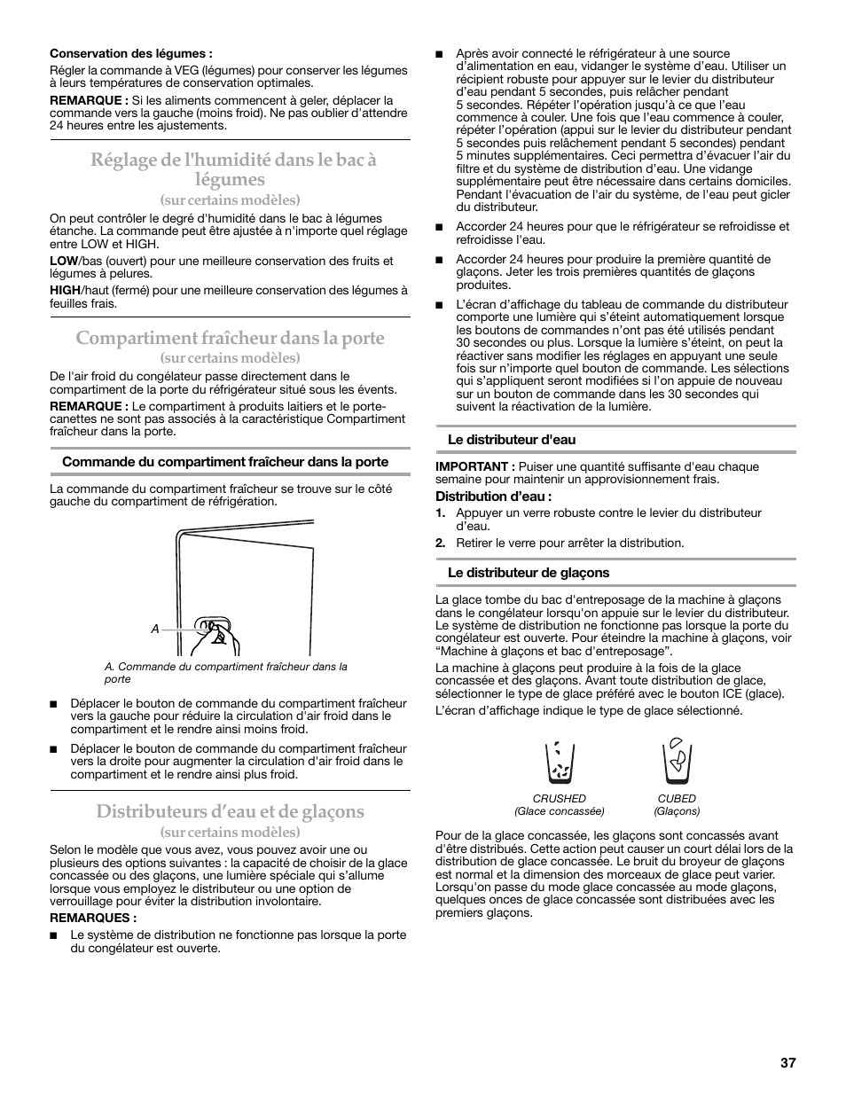 Réglage de l'humidité dans le bac à légumes, Compartiment fraîcheur dans la porte, Distributeurs d’eau et de glaçons | KITCHENAID W10206410A User Manual | Page 37 / 46