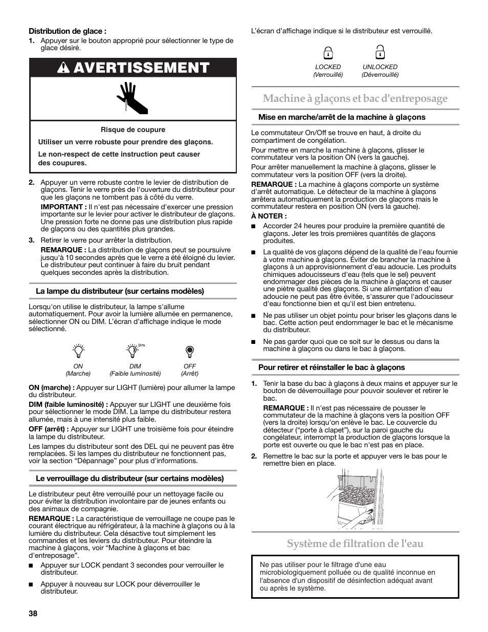 Avertissement, Machine à glaçons et bac d'entreposage, Système de filtration de l'eau | KITCHENAID W10206410A User Manual | Page 38 / 46