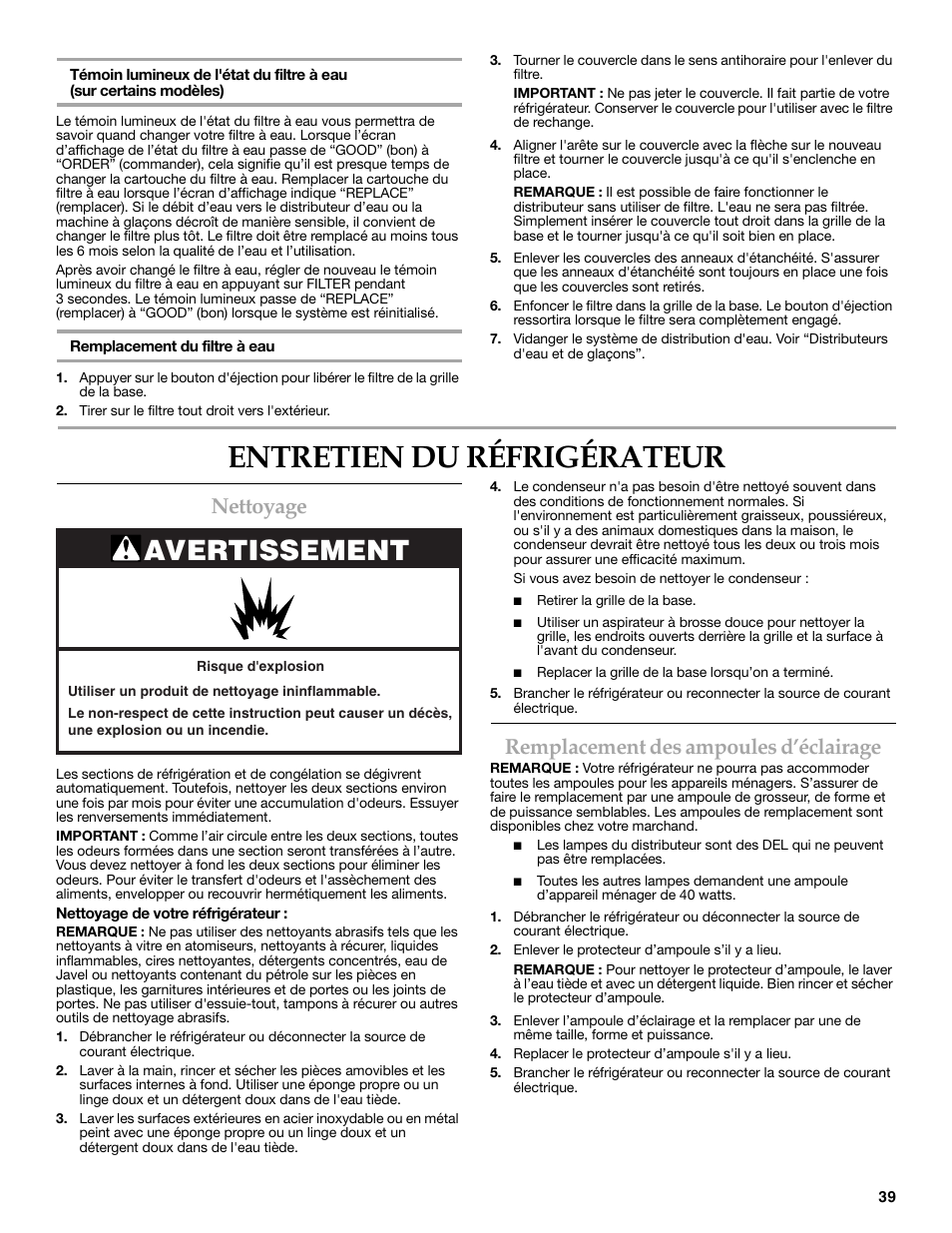 Entretien du réfrigérateur, Avertissement, Nettoyage | Remplacement des ampoules d’éclairage | KITCHENAID W10206410A User Manual | Page 39 / 46