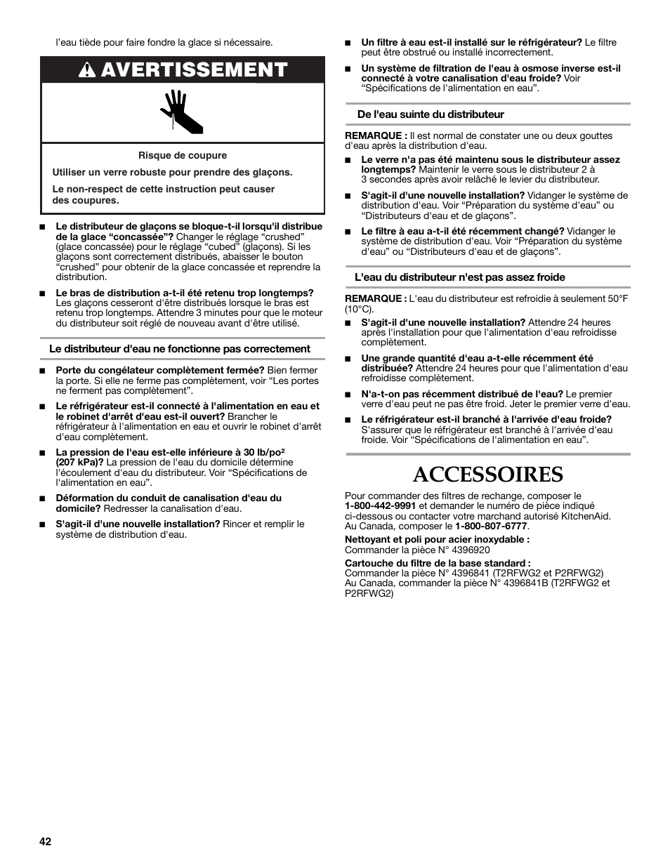 Accessoires, Avertissement | KITCHENAID W10206410A User Manual | Page 42 / 46