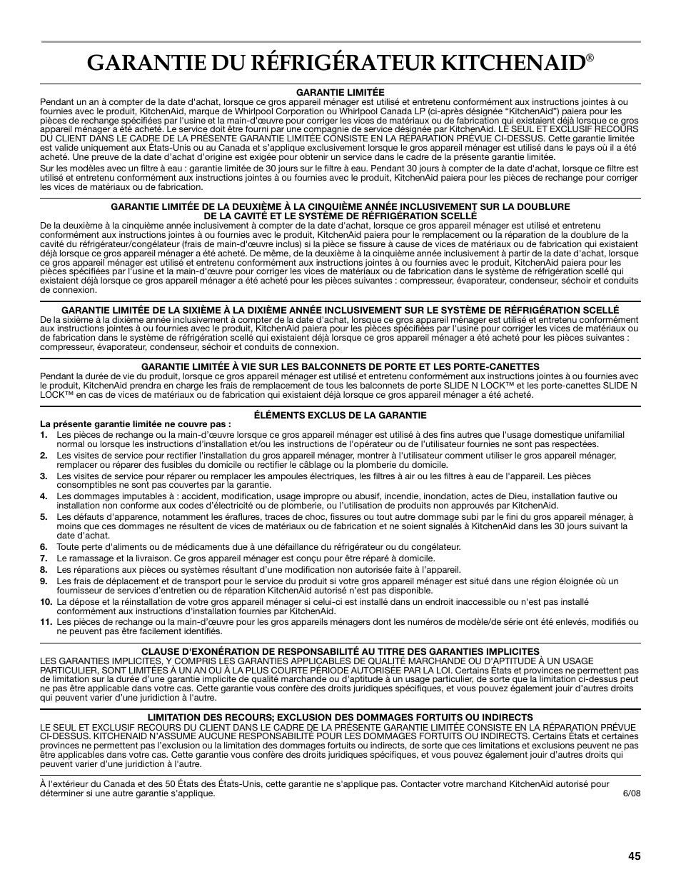 Garantie du réfrigérateur kitchenaid | KITCHENAID W10206410A User Manual | Page 45 / 46