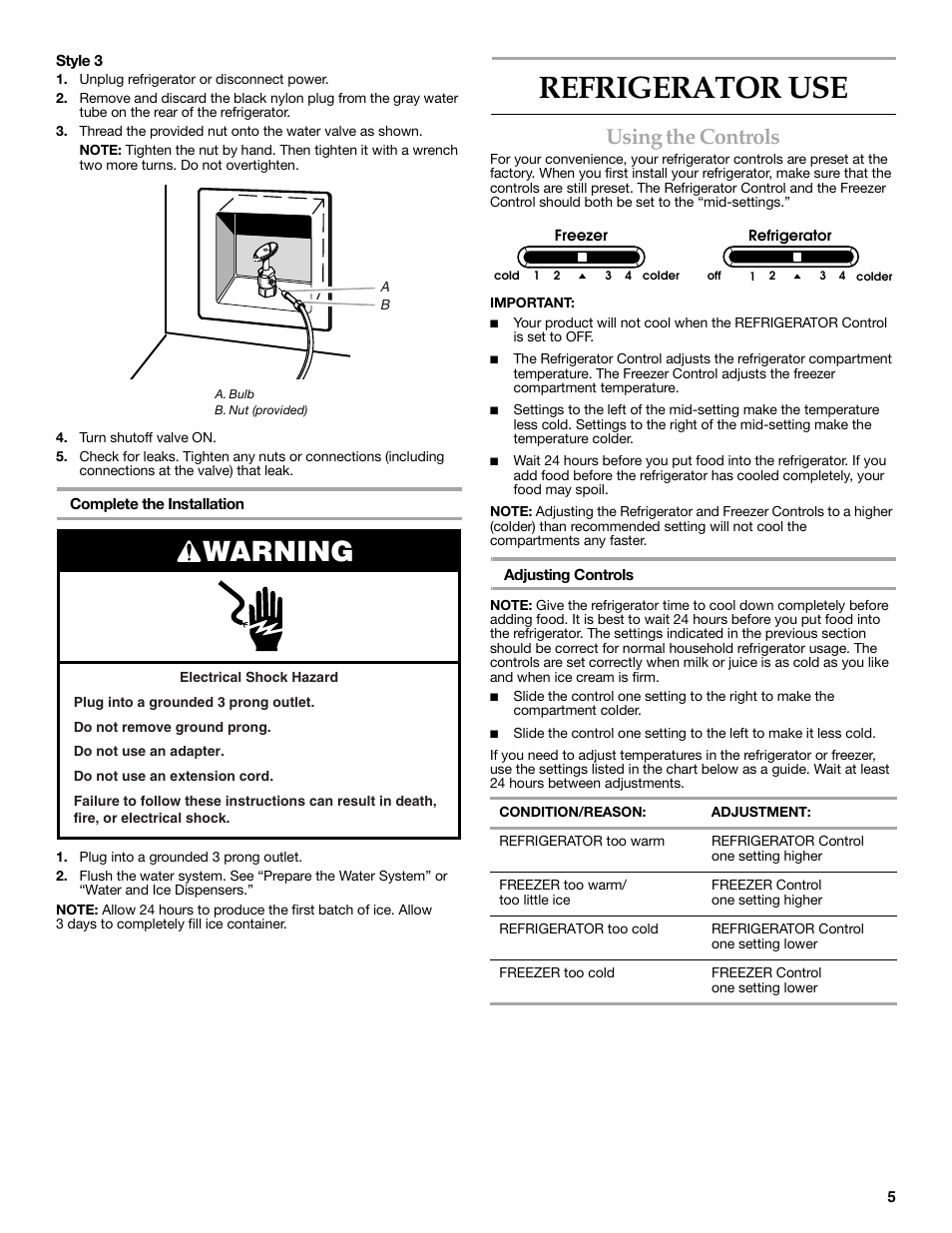 Refrigerator use, Warning, Using the controls | KITCHENAID W10206410A User Manual | Page 5 / 46
