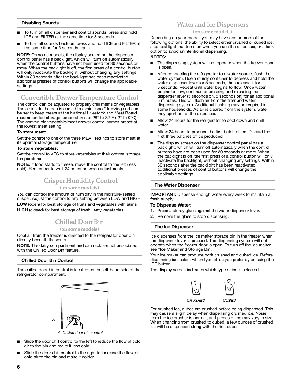 Convertible drawer temperature control, Crisper humidity control, Chilled door bin | Water and ice dispensers | KITCHENAID W10206410A User Manual | Page 6 / 46