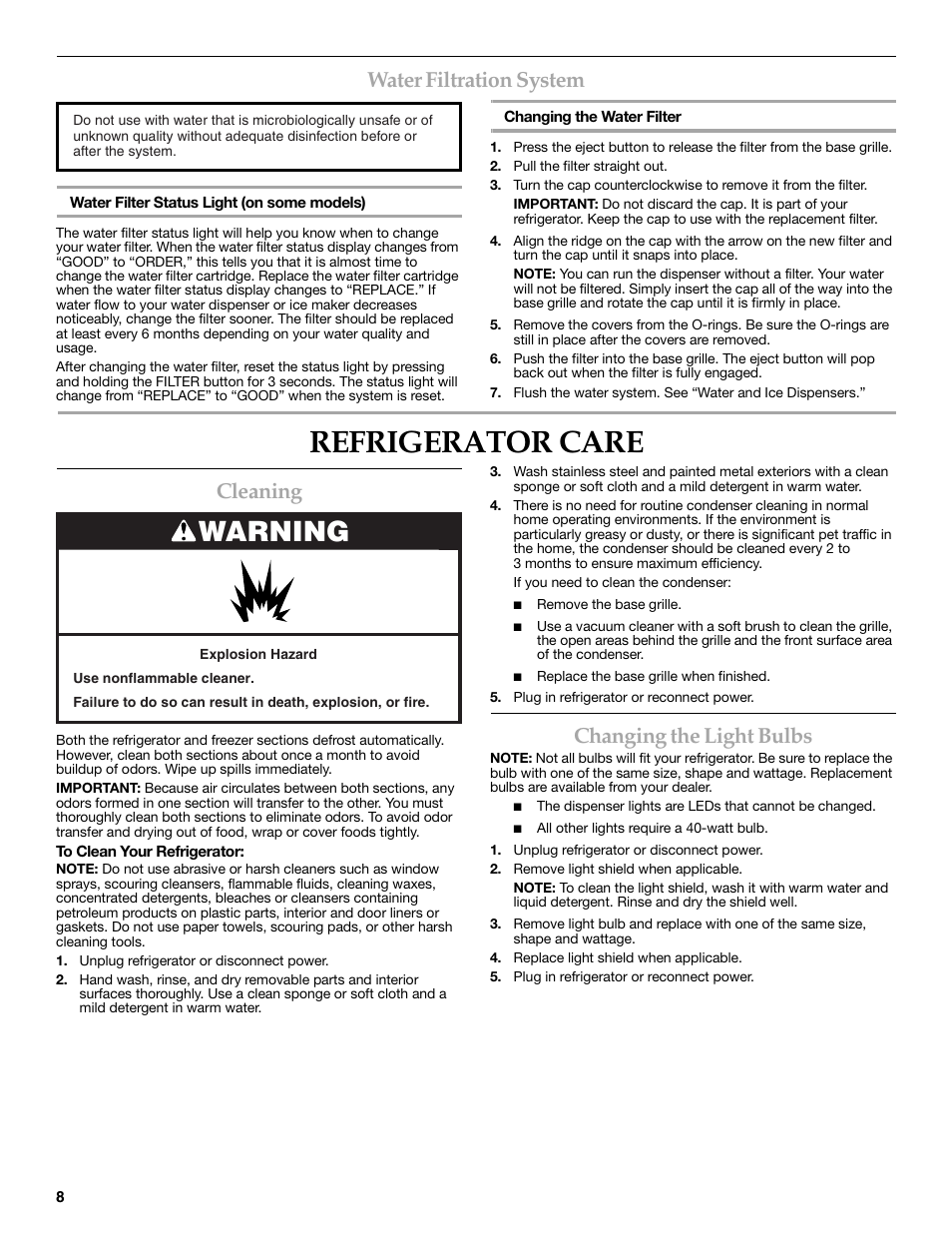 Refrigerator care, Warning, Water filtration system | Cleaning, Changing the light bulbs | KITCHENAID W10206410A User Manual | Page 8 / 46