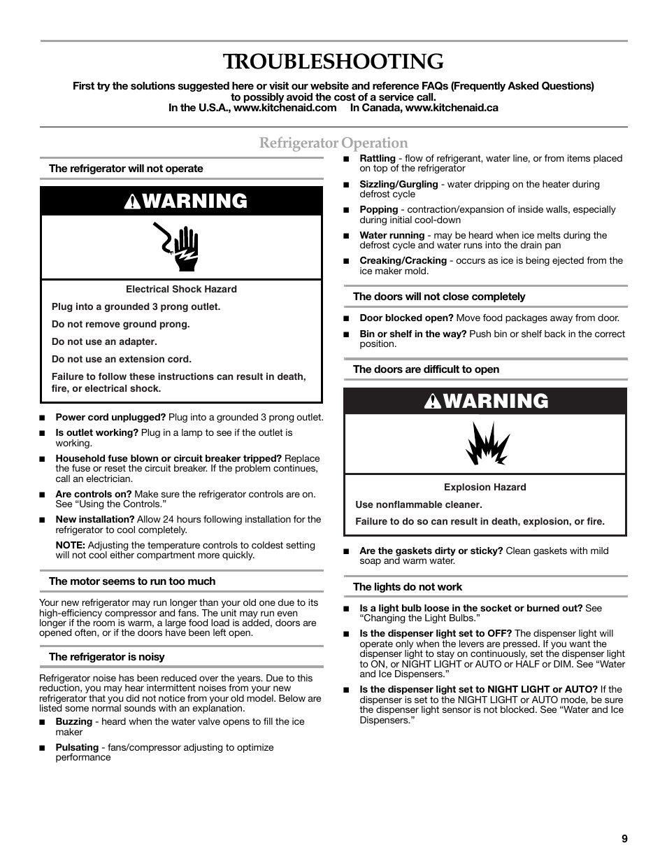 Troubleshooting, Warning, Refrigerator operation | KITCHENAID W10206410A User Manual | Page 9 / 46