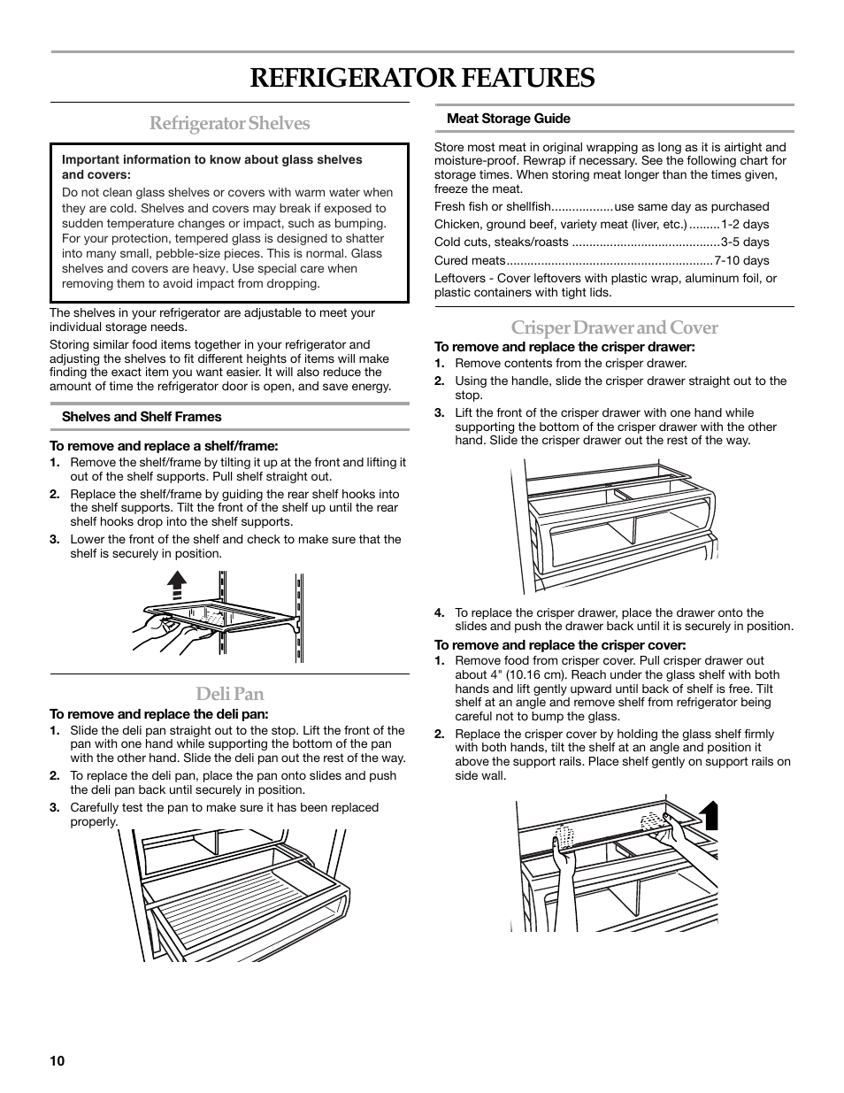Refrigerator features, Refrigerator shelves, Deli pan | Crisper drawer and cover | KITCHENAID WF-LC400V User Manual | Page 10 / 52