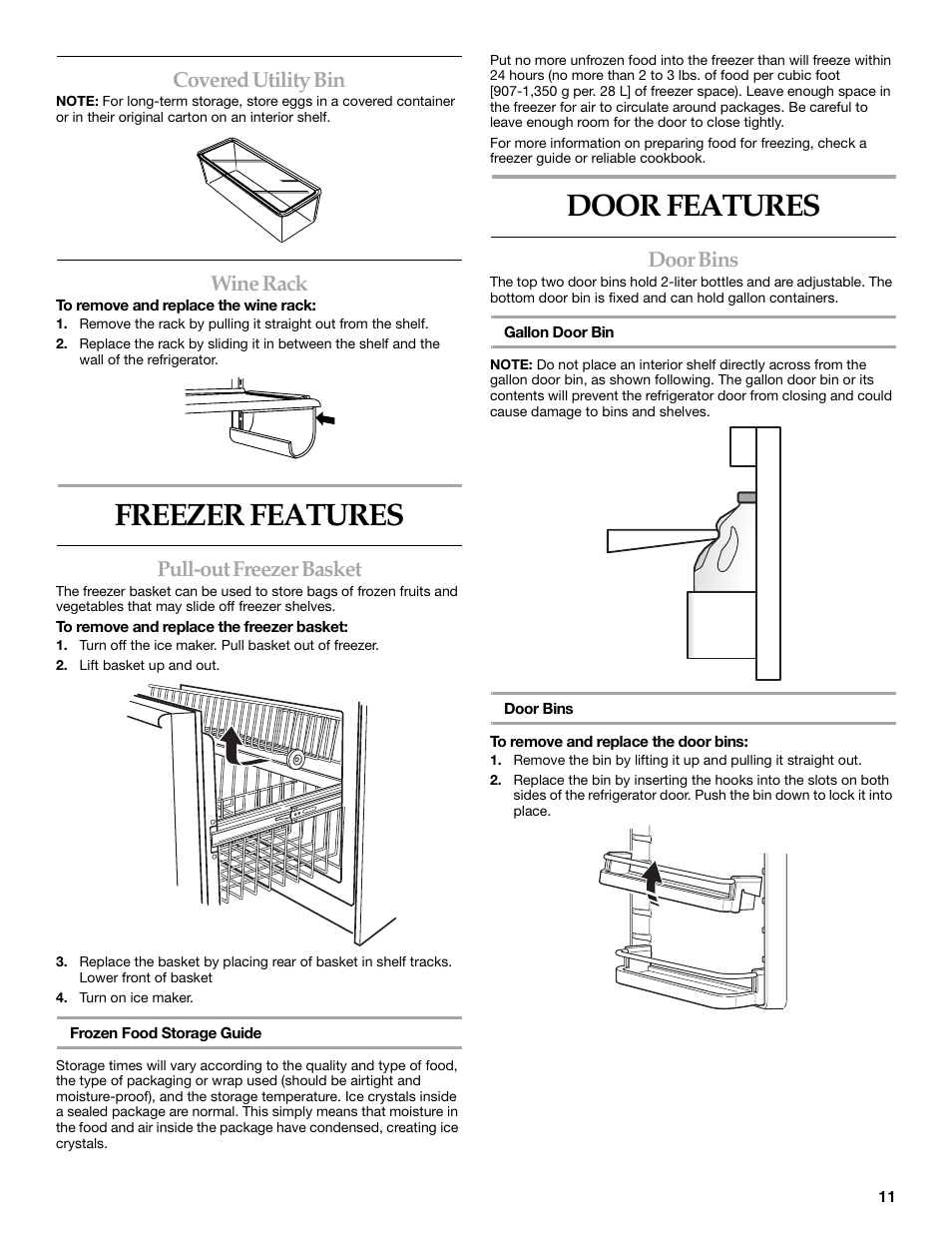 Freezer features, Door features, Covered utility bin | Wine rack, Pull-out freezer basket, Door bins | KITCHENAID WF-LC400V User Manual | Page 11 / 52