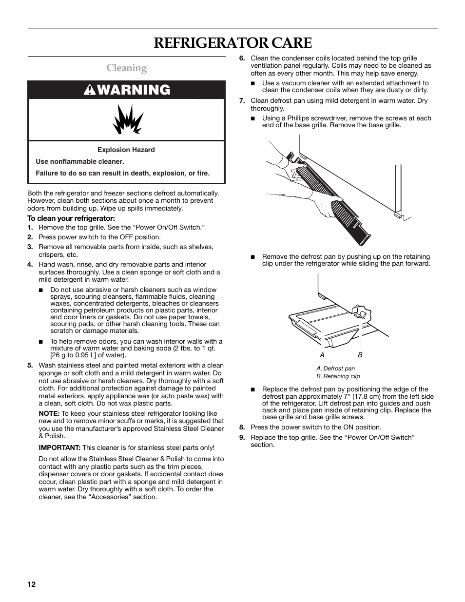 Refrigerator care, Warning, Cleaning | KITCHENAID WF-LC400V User Manual | Page 12 / 52