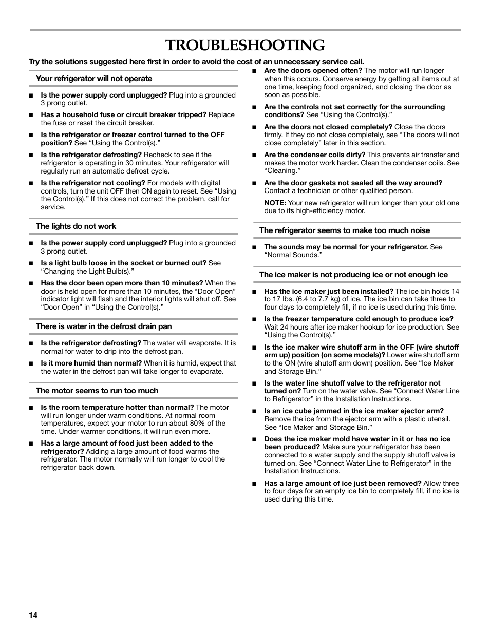 Troubleshooting | KITCHENAID WF-LC400V User Manual | Page 14 / 52