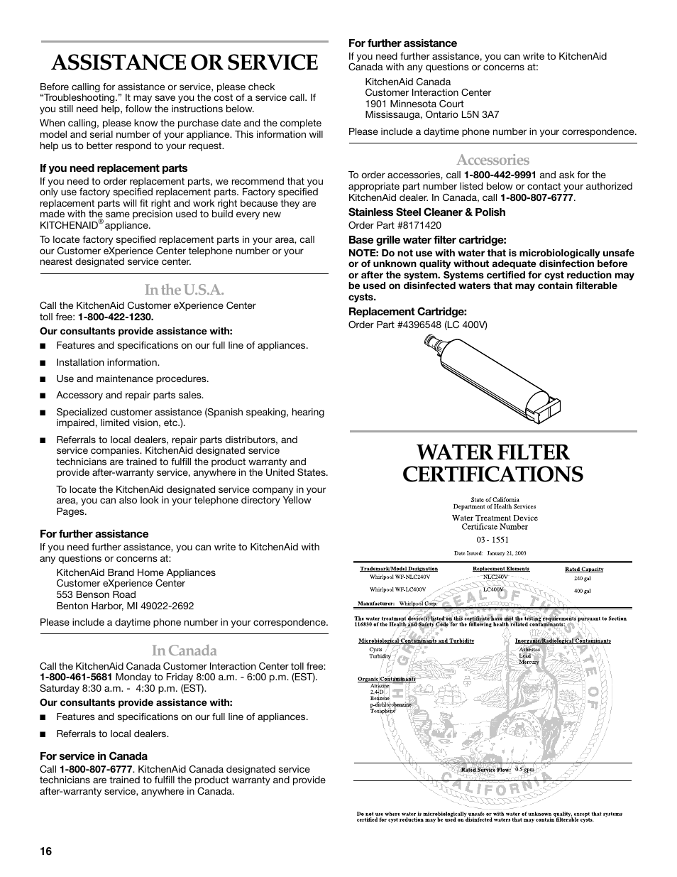 Assistance or service, Water filter certifications, Accessories | KITCHENAID WF-LC400V User Manual | Page 16 / 52