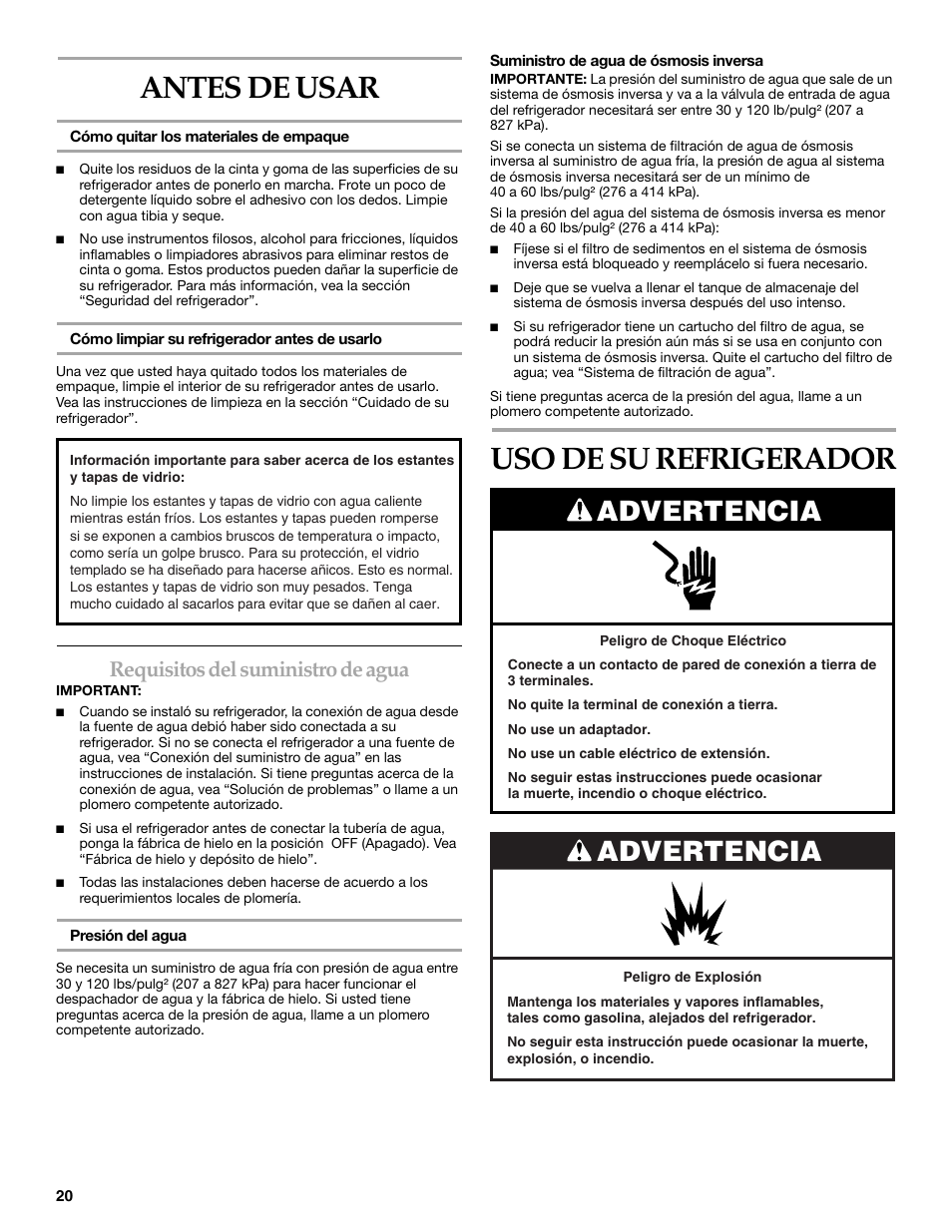 Antes de usar, Uso de su refrigerador, Advertencia | Requisitos del suministro de agua | KITCHENAID WF-LC400V User Manual | Page 20 / 52