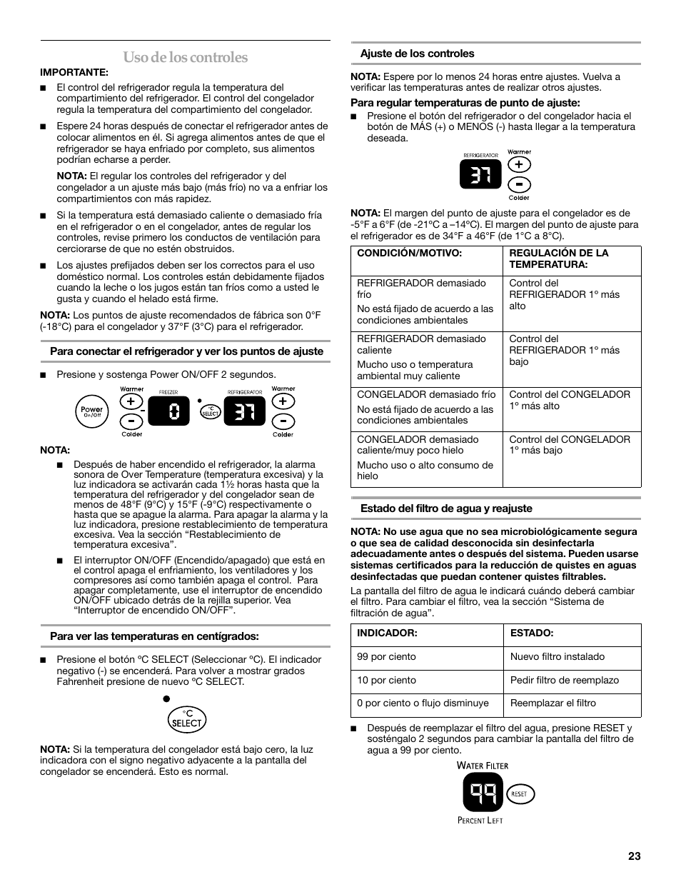 Uso de los controles | KITCHENAID WF-LC400V User Manual | Page 23 / 52