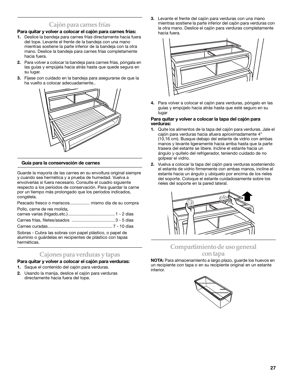 Cajón para carnes frías, Cajones para verduras y tapas, Compartimiento de uso general con tapa | KITCHENAID WF-LC400V User Manual | Page 27 / 52