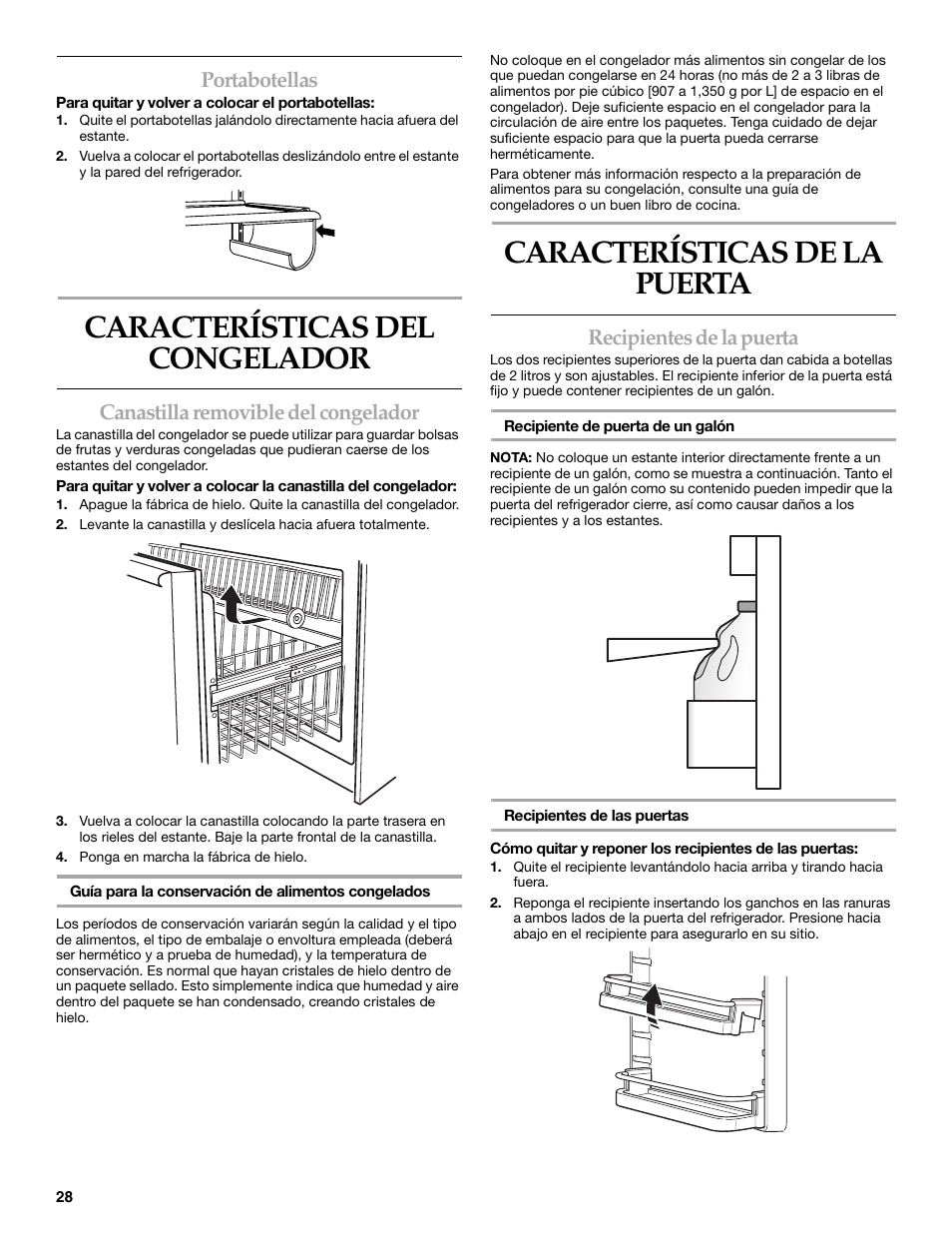 Características del congelador, Características de la puerta, Portabotellas | Canastilla removible del congelador, Recipientes de la puerta | KITCHENAID WF-LC400V User Manual | Page 28 / 52