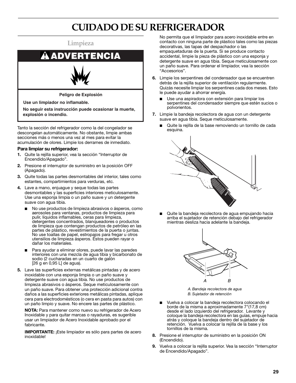 Cuidado de su refrigerador, Advertencia, Limpieza | KITCHENAID WF-LC400V User Manual | Page 29 / 52
