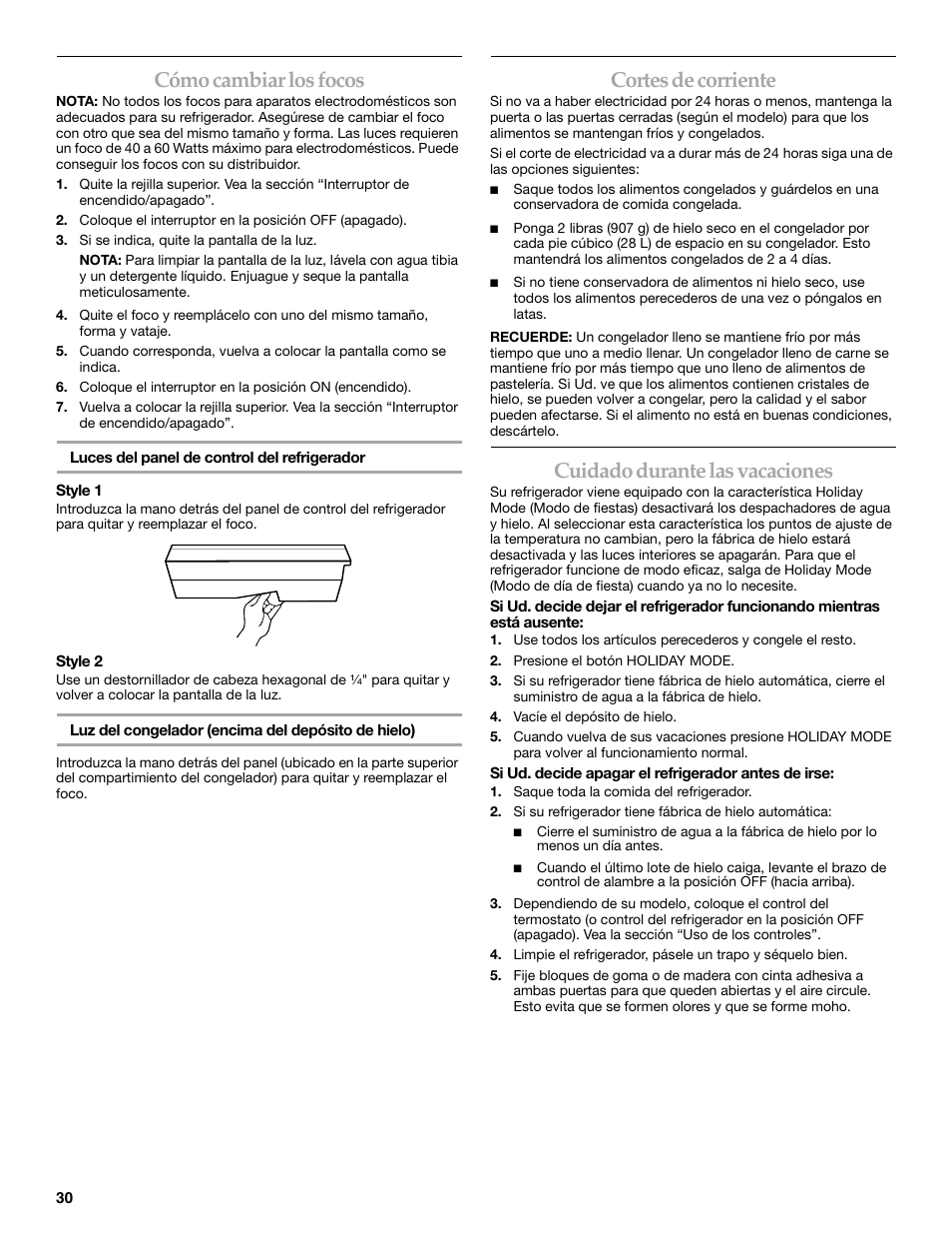 Cómo cambiar los focos, Cortes de corriente, Cuidado durante las vacaciones | KITCHENAID WF-LC400V User Manual | Page 30 / 52