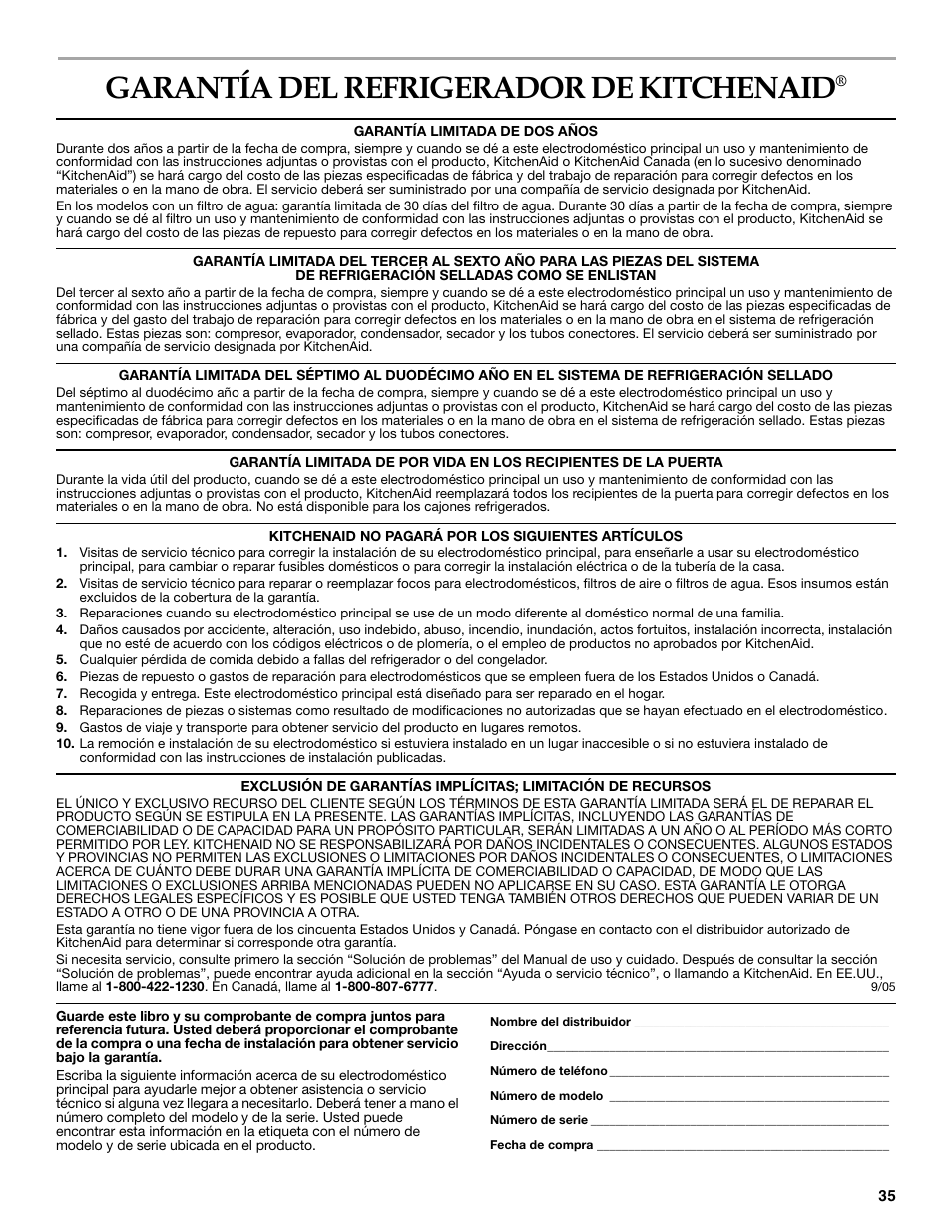 Garantía del refrigerador de kitchenaid | KITCHENAID WF-LC400V User Manual | Page 35 / 52