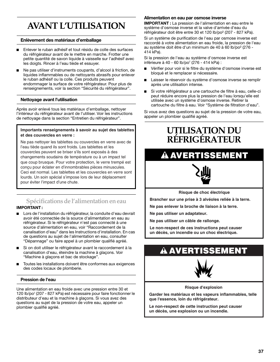 Avant l’utilisation, Utilisation du réfrigérateur, Avertissement | Spécifications de l’alimentation en eau | KITCHENAID WF-LC400V User Manual | Page 37 / 52