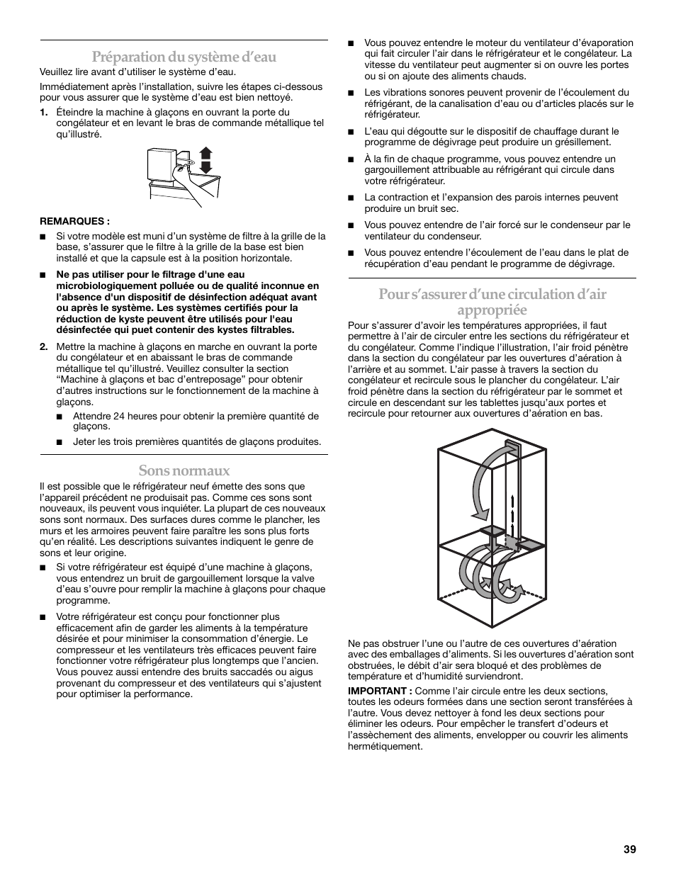 Préparation du système d’eau, Sons normaux, Pour s’assurer d’une circulation d’air appropriée | KITCHENAID WF-LC400V User Manual | Page 39 / 52