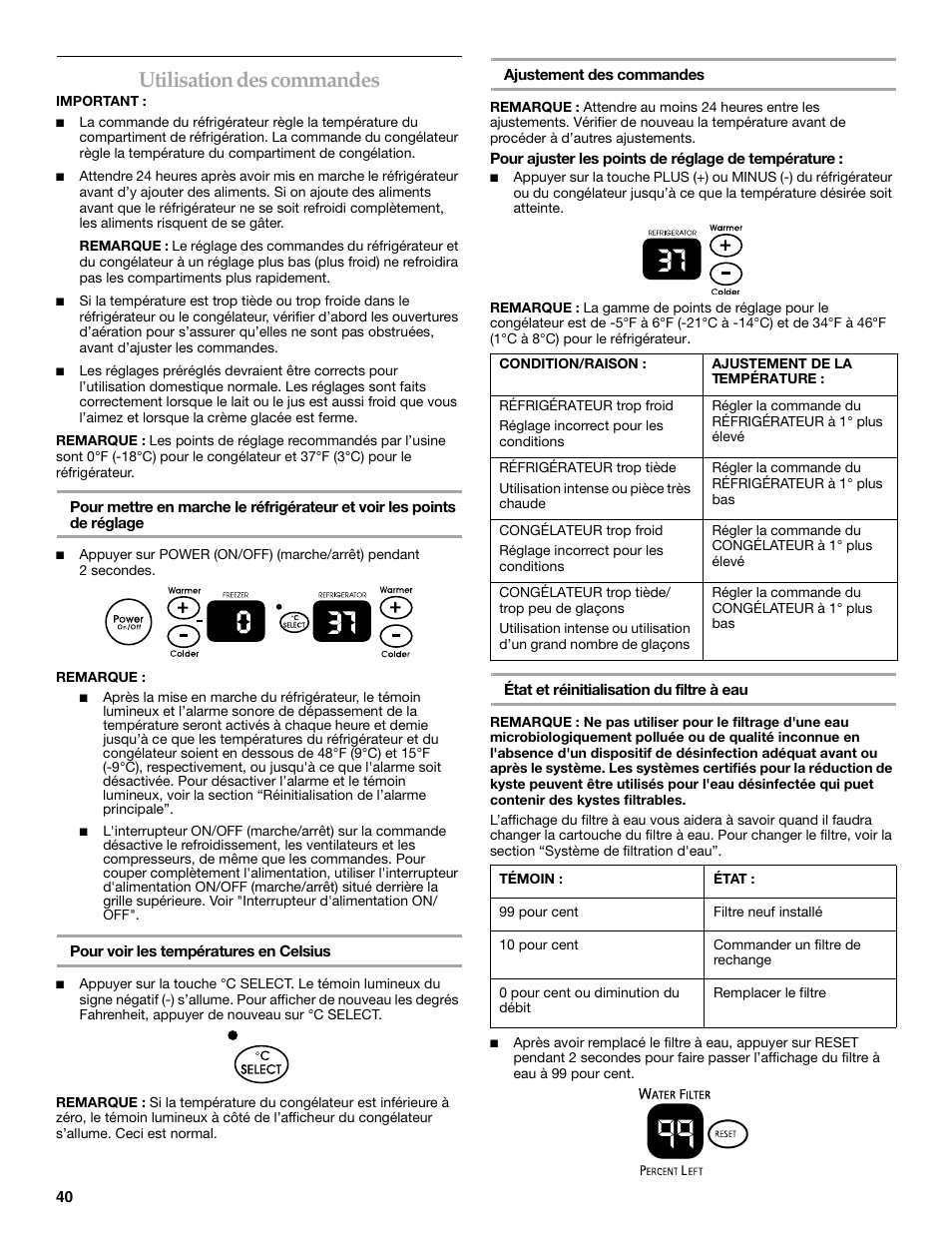 Utilisation des commandes | KITCHENAID WF-LC400V User Manual | Page 40 / 52