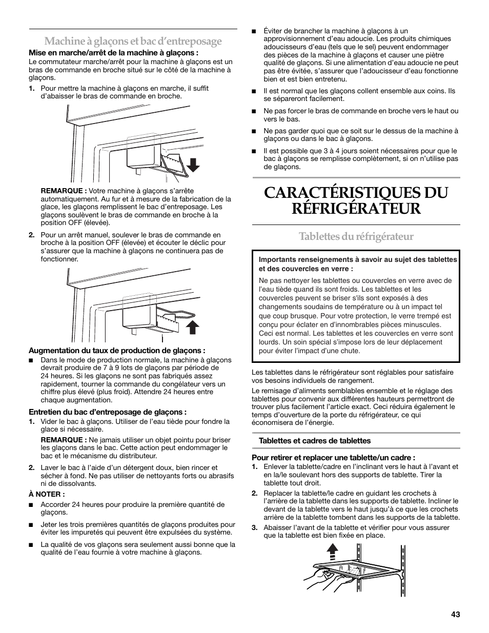 Caractéristiques du réfrigérateur, Machine à glaçons et bac d’entreposage, Tablettes du réfrigérateur | KITCHENAID WF-LC400V User Manual | Page 43 / 52