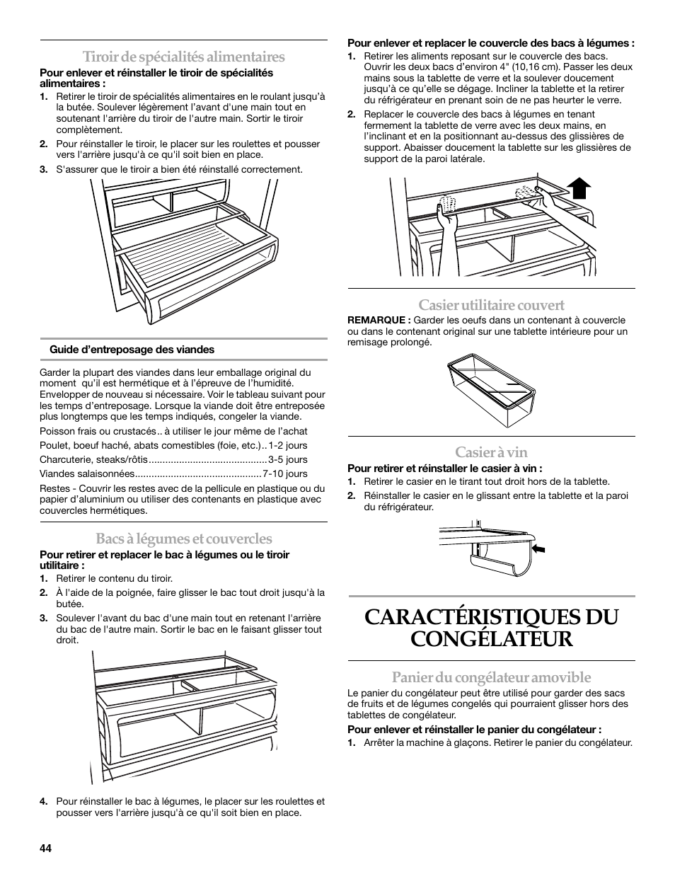 Caractéristiques du congélateur, Tiroir de spécialités alimentaires, Bacs à légumes et couvercles | Casier utilitaire couvert, Casier à vin, Panier du congélateur amovible | KITCHENAID WF-LC400V User Manual | Page 44 / 52