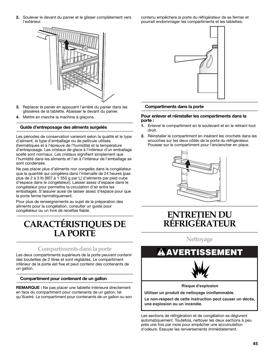 Caractéristiques de la porte, Entretien du réfrigérateur, Avertissement | Compartiments dans la porte, Nettoyage | KITCHENAID WF-LC400V User Manual | Page 45 / 52