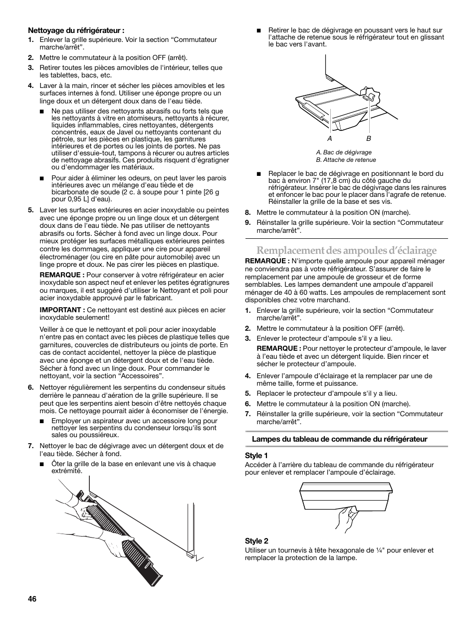 Remplacement des ampoules d’éclairage | KITCHENAID WF-LC400V User Manual | Page 46 / 52