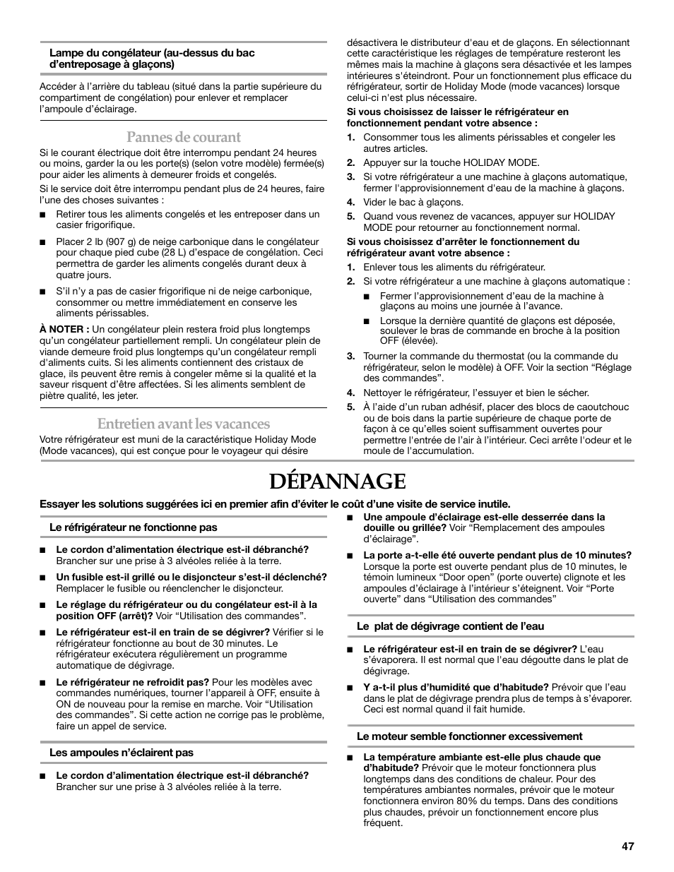 Dépannage, Pannes de courant, Entretien avant les vacances | KITCHENAID WF-LC400V User Manual | Page 47 / 52