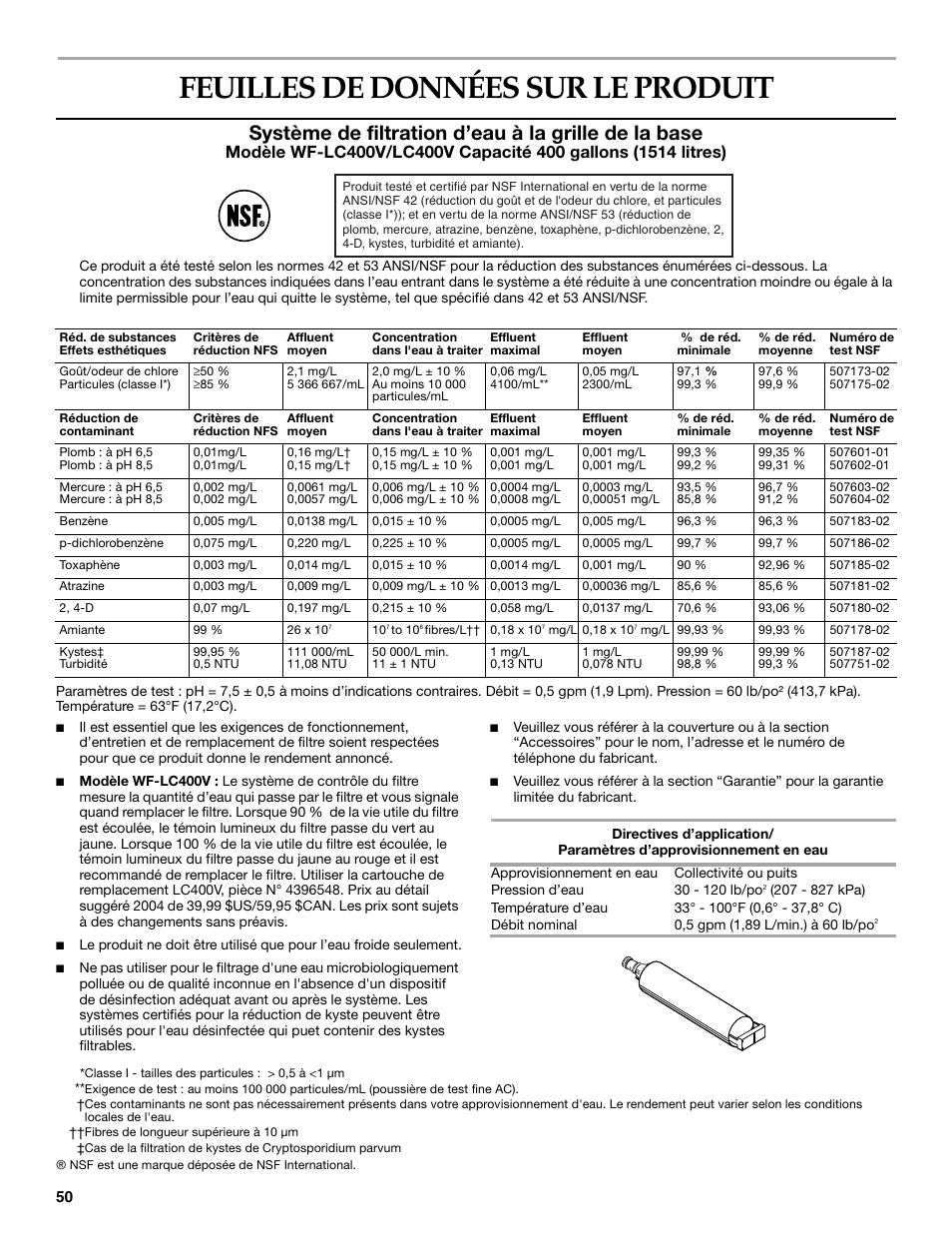 Feuilles de données sur le produit, Système de filtration d’eau à la grille de la base | KITCHENAID WF-LC400V User Manual | Page 50 / 52