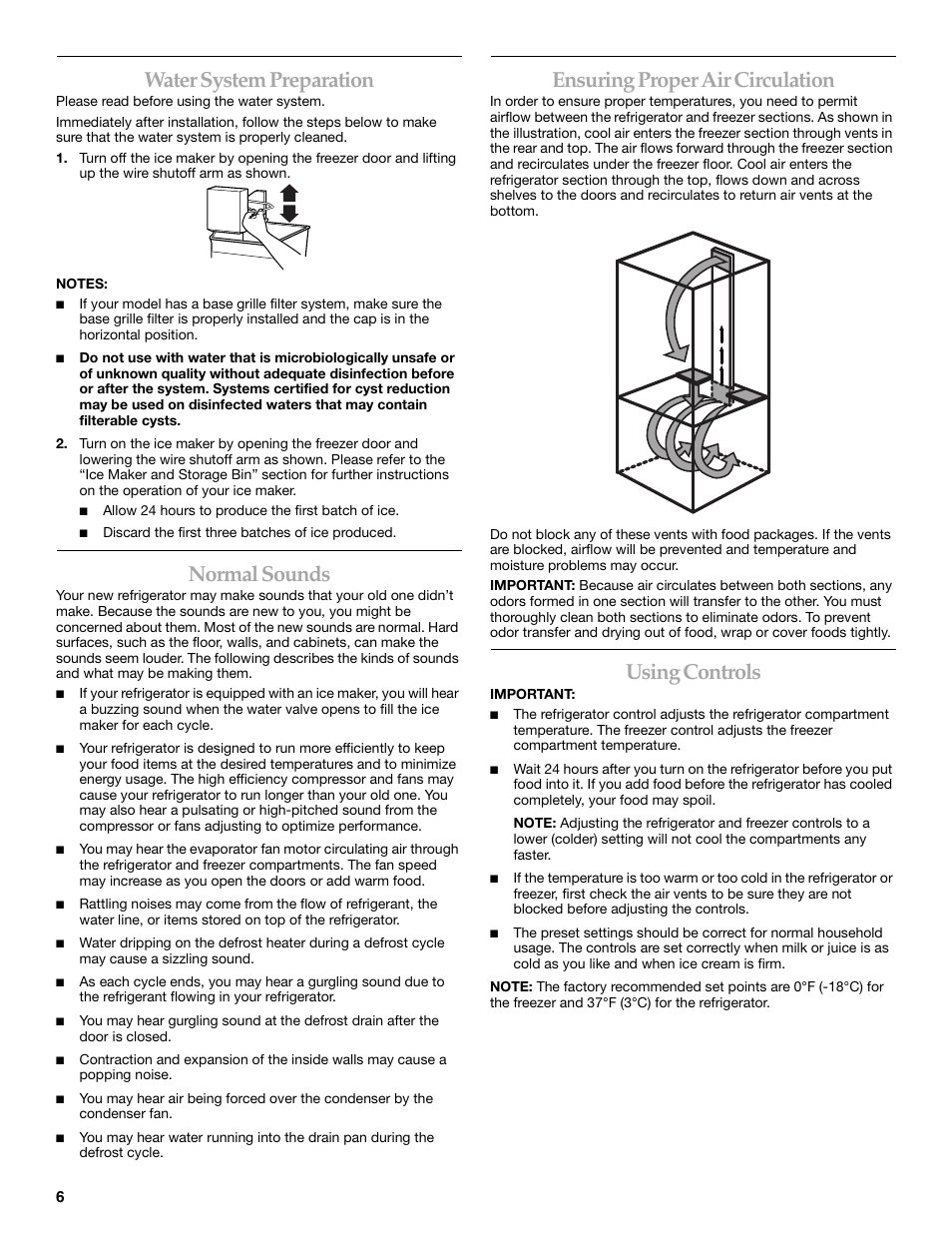 Water system preparation, Normal sounds, Ensuring proper air circulation | Using controls | KITCHENAID WF-LC400V User Manual | Page 6 / 52