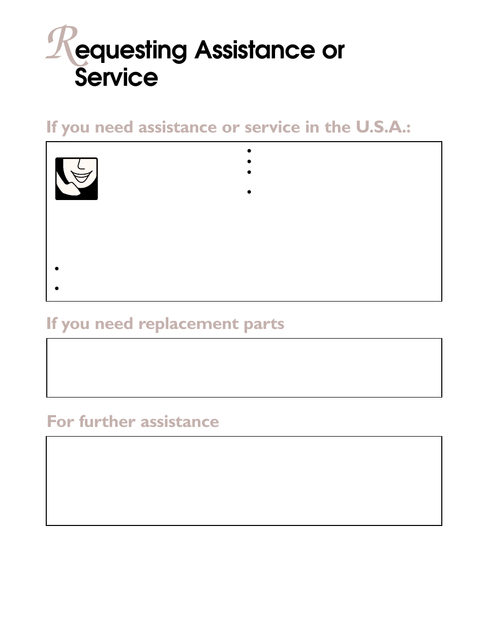 Requesting assistance or service, Equesting assistance or service, If you need assistance or service in the u.s.a | If you need replacement parts, For further assistance | KITCHENAID YKECD805H User Manual | Page 13 / 16