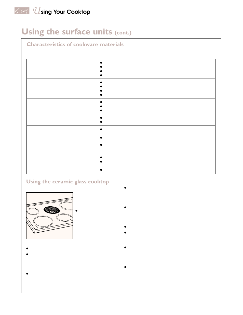 Using the surface units, Characteristics of cookware materials, Using the ceramic glass cooktop | Cont.), Sing your cooktop | KITCHENAID YKECD805H User Manual | Page 8 / 16