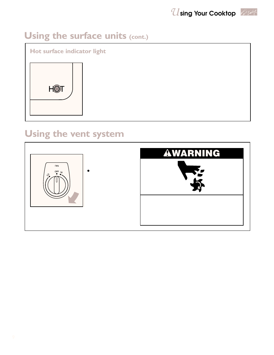 Using the surface units, Using the vent system, Wwarning | KITCHENAID YKECD805H User Manual | Page 9 / 16