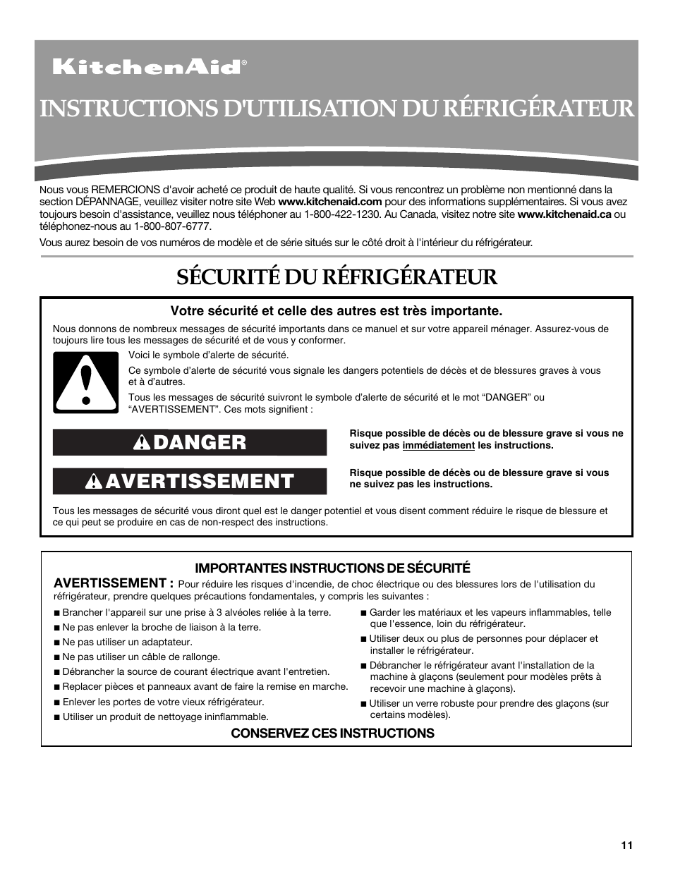 Instructions d'utilisation du réfrigérateur, Sécurité du réfrigérateur, Avertissement danger | KITCHENAID W10162441A User Manual | Page 11 / 20