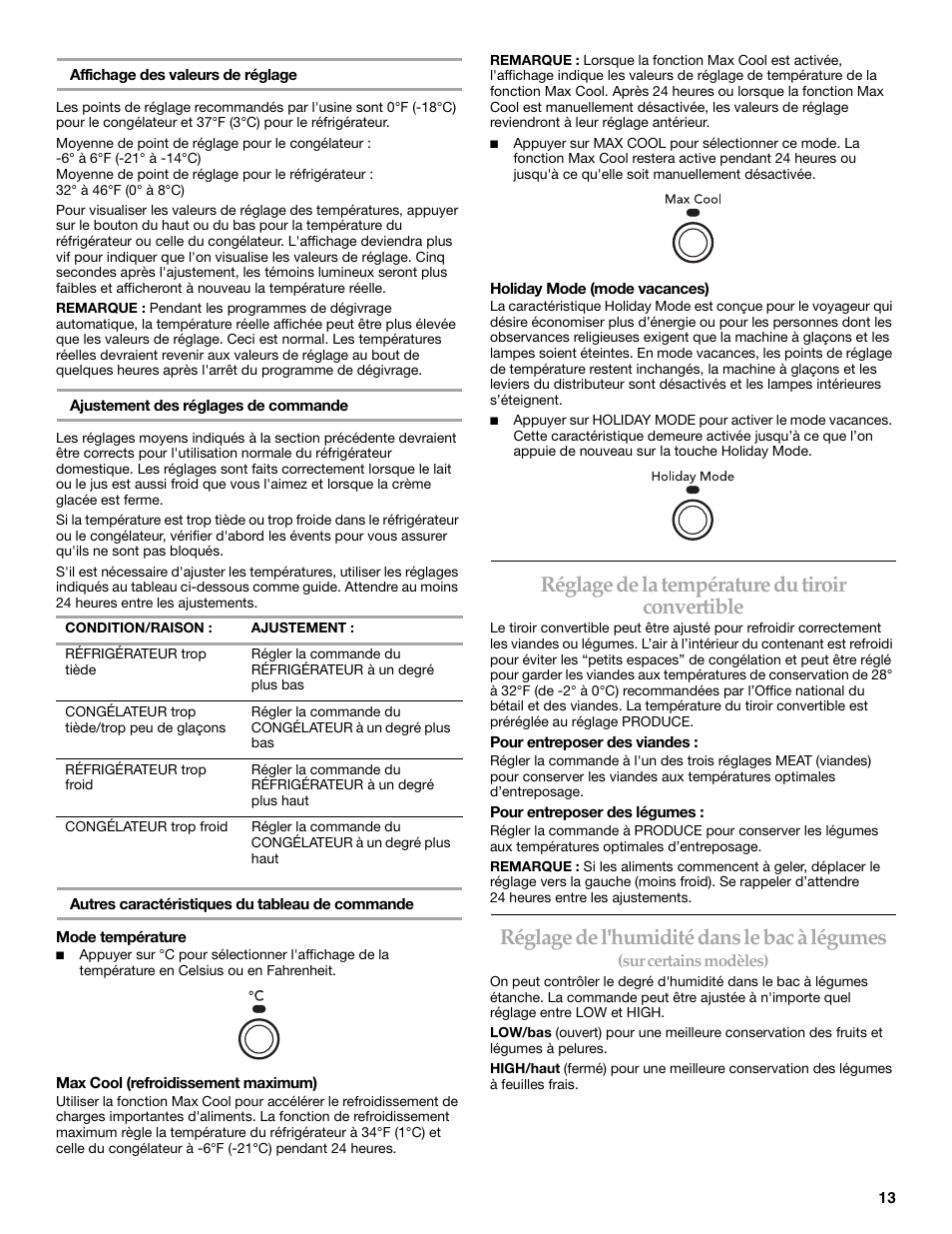 Réglage de la température du tiroir convertible, Réglage de l'humidité dans le bac à légumes | KITCHENAID W10162441A User Manual | Page 13 / 20